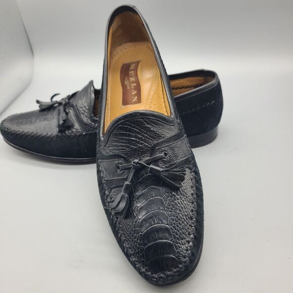 Men’s Mezlan Size 9 M Ostrich Leather/ Suede Black Tassel Loafer  Slip Ons Shoes main image 12